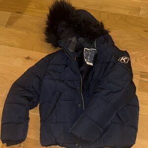 Ikks Dark Blue Puffer Jacket with Black Faux Fur Hood